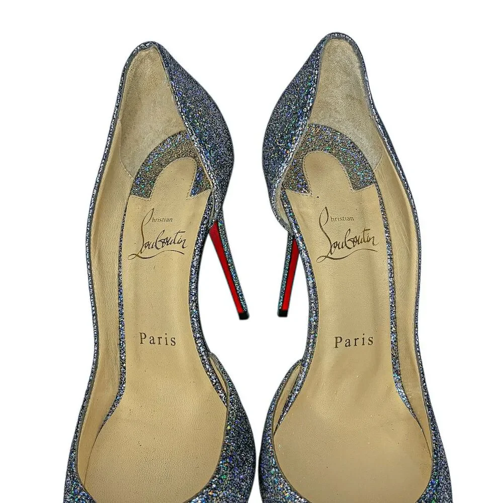 Christian Louboutin Iriza 100 Nappa Mica Silver Glitter Pumps EU 37 d'Orsay Heel
